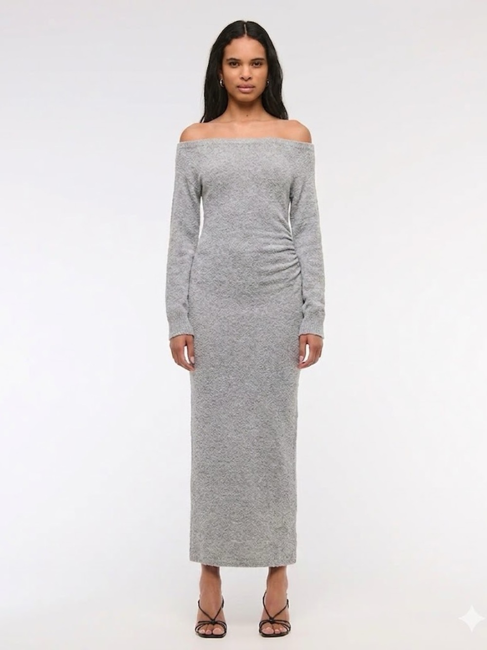NWT Abercrombie & Fitch Soft Gray Off-the-Shoulder Boucle Knit Maxi Dress Small